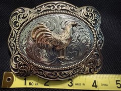 Western Rooster Floral Engraved Belt Buckle Gold/Silver Metal Fits 1.5in Belt