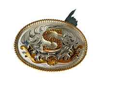 Western Initial Belt Buckle 3.5 x 2 5/8 in Oval S Silver Engraved Gold 1.75