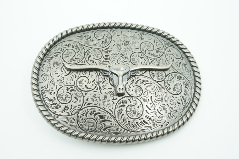 Longhorn Bull Western Rodeo Antique Silver Metal Belt Buckle