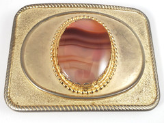 Vintage Gold Tone Western Belt Buckle Banded Agate Style Stone Faux Cabochon