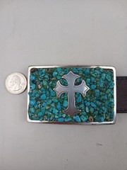 Nocona Silver Tone Western Cross Turquoise Inlay Rectangular Large Belt Buckle