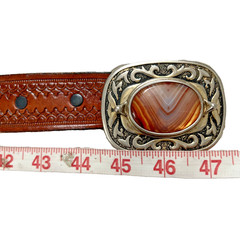 Agate Cabochon Stone Vintage Silver Color Belt Buckle with Braided Leather Belt