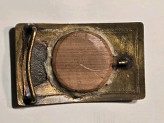 Vintage Brass Belt Buckle “R” Initial In Wood Inlay 3”x 2” One Of A Kind