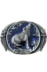 WOLF Howling antique silver dark blue color outdoors man hunting Belt buckle