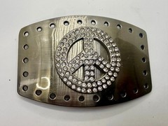 Peace Symbol Sign Rhinestone Bling Hole Border Hippy Silver Tone Belt Buckle