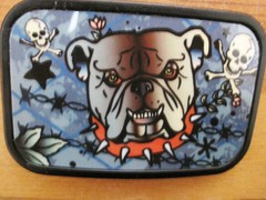Belt Buckle Black Metal Bulldog with Spiked Collar and skull and crossbones