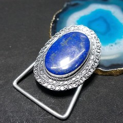 Handcrafted 925 Sterling Silver Natural Lapis Lazuli Oval Cabochon Belt Buckle