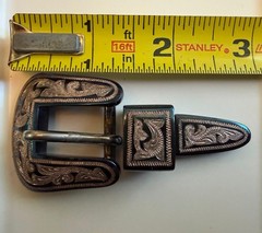 BCMEX 3pc Western Belt Buckle Set Blue Silver Engraved