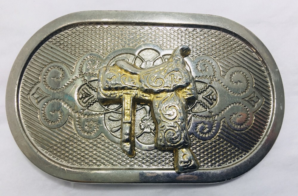 Silver & Bronze Color Belt Buckle 3D Horse Saddle Design Cowboy Western Rodeo
