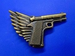 Winged Gun Flying Pistol Handgun Figural Cutout Brass Tone 4&Prime; Wide Belt Buckle