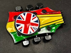 Electric Guitar Tuning Keys Shaped Belt Buckle W/ Uk Flag Union Jack Spinner