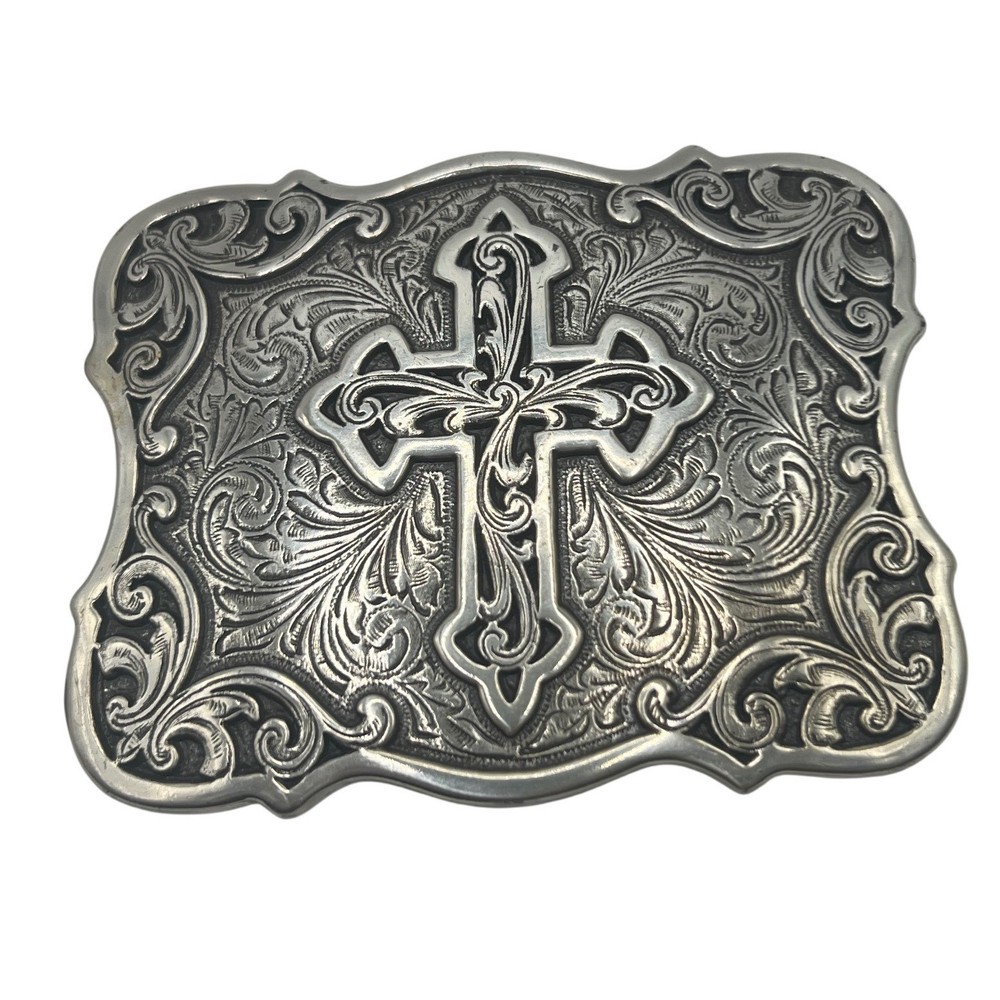 SILVER CROSS Filigree vintage metal belt buckle iconic faith religious