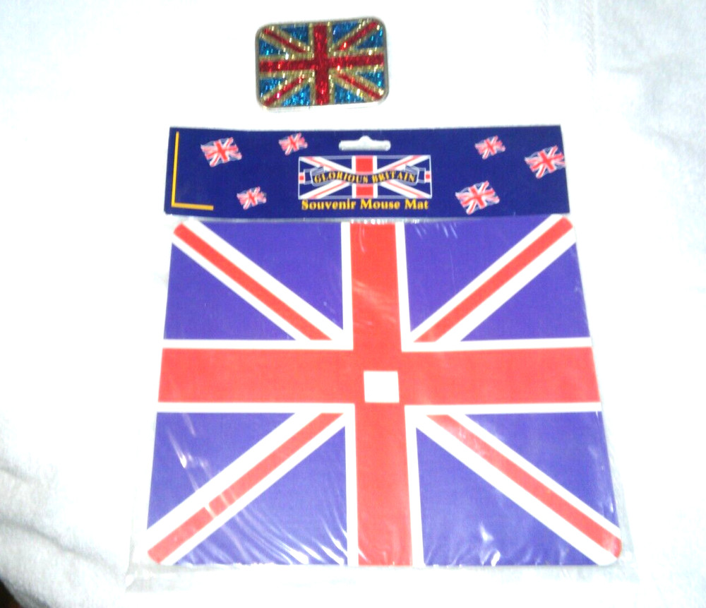 Union jack british flag belt buckle 1970&rsquo;s Inlaid sparkles and mouse pad new