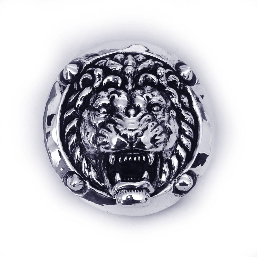 Lion Attacking Head Sterling Silver Round Belt Buckle