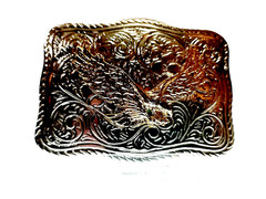 EAGLE Belt BUCKLE Gold on Silver Rectangular Metal w Rope Edge Western/Biker/USA