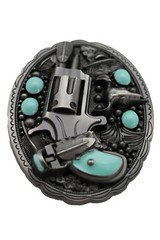 Men Western Buckle Dark Silver Color Metal Revolver Gun Feather Bull Turquoise