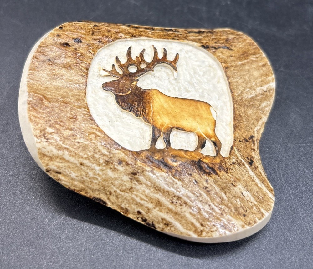 Elk Antler Belt Buckle Hand Carved And Painted With Solid Brass Hardware