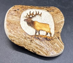 Elk Antler Belt Buckle Hand Carved And Painted With Solid Brass Hardware