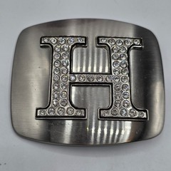 Silver Tone Letter H Rhinestone Initial Belt Buckle Brushed Metal Rectangle