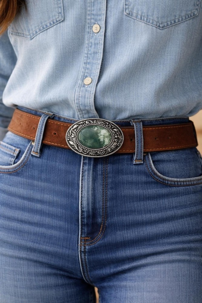 Green Stone Belt Buckle Engraved Silver Western Design Cowboy Rodeo Vintage