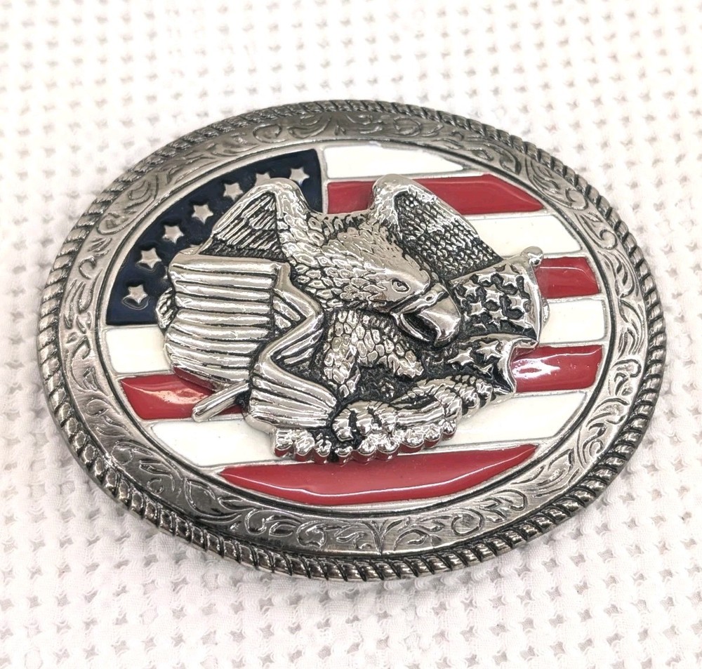 Men&rsquo;s Belt Buckle Freedom America Flag USA Patriotic Eagle Silver Tone