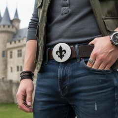 Men Women Casual Belt Buckle Silver Metal Western Biker Oval Shape Fleur De Lis