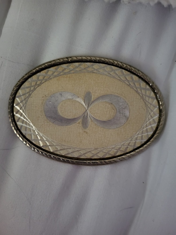 Goldtone Silvertone Cream Colored Etched Metal Belt Buckle