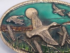 Flying Ducks Western Heavy Oval Painted Silver 3.5 X 2.5 inches Belt Buckle