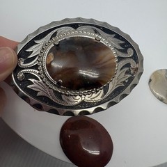 Western Interchangeable Stone Belt Buckle Silver Tone Agate Jasper 3.5in