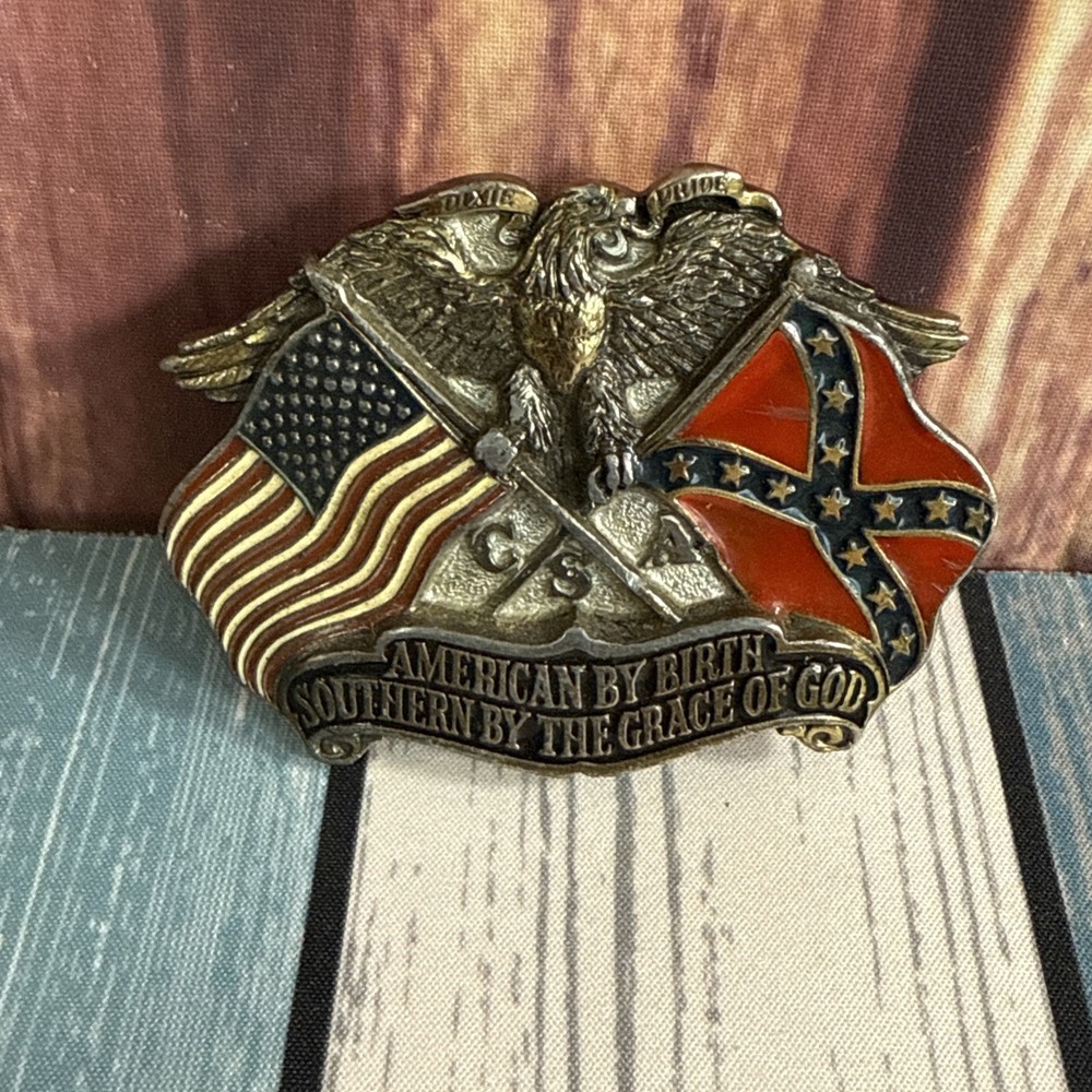 Vintage 1987 Great American Pewter Belt Buckle Eagle & Flag North Carolina – 002