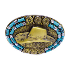 Men Antique Gold Metal Belt Buckle Cowboy Hat Turquoise Blue Fun Rodeo Accessory
