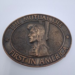 Vintage The Mutual Life First in America Insurance Advertising Metal Belt Buckle