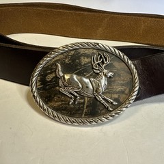 Nocona Belt Buckle Camo Deer Rope Leaping White Tail With 54” Leather Belt