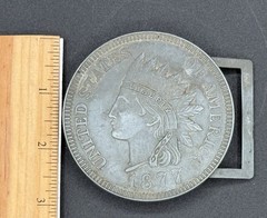 vintage INDIAN HEAD oversized Penney 1877 belt buckle COIN silver dollar WESTERN