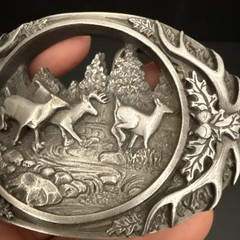 NICE PEWTER 1990 C + J INC DEER SCENE AND ANTLER BELT BUCKLE MADE IN USA