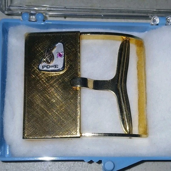 Vintage PG&E Gold Metal Men&rsquo;s Belt Buckle with 10K Gold Logo & Ruby
