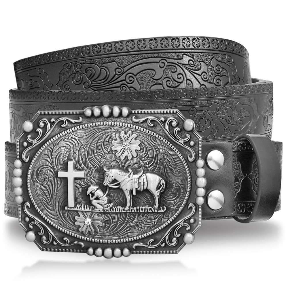 RechicGu Western Leather M,fit waist 36-40 inches, Silver Cross Prayer,black