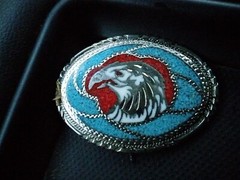 VINTAGE AMERICAN EAGLE BELT BUCKLE WITH TURQUOISE, CORAL & JET MOSAIC INLAY