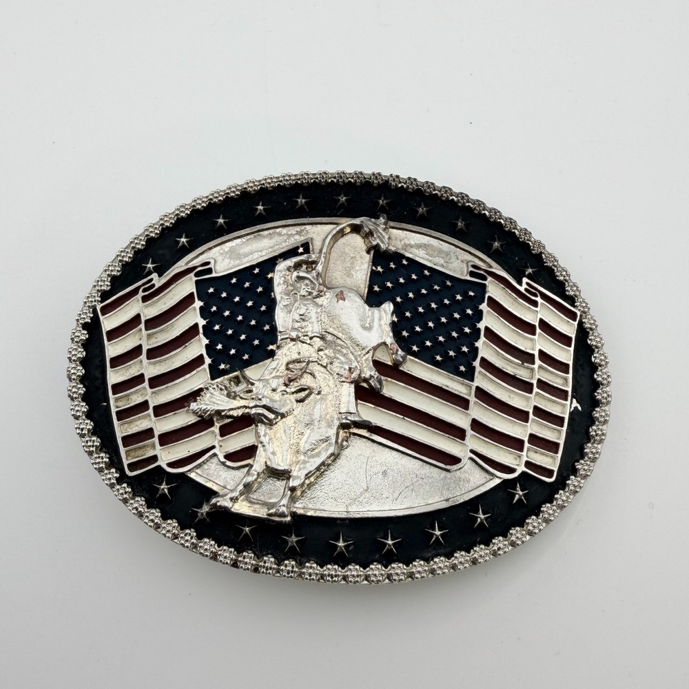 Bull Rider USA Rodeo Cowboy AMERICAN FLAG Silver Tone Belt Buckle
