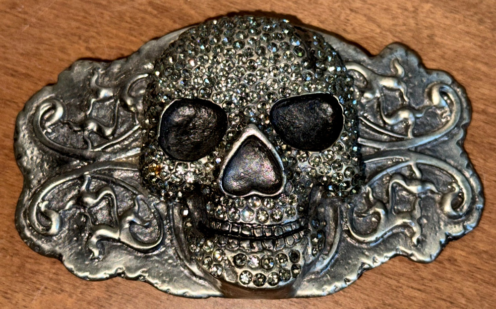 FREE SHP! Silver Dagger Belt Buckle Skull Metal Black Iridescent Rhinestones