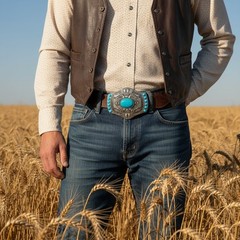 Men Silver Metal Buckle Rodeo Western Decorative Turquoise Blue Beads Jeans Pant