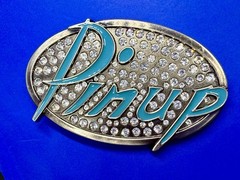 Pinup Girl – Blue Lettering Fashion Statement Novelty Jeweled Oval Belt Buckle