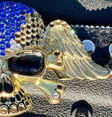 Skull covered in Clear & Blue Rhinestones Belt & Belt Buckle,Missing Some Stones