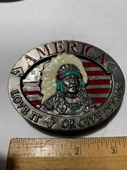 Pewter Belt Buckle Patriotic America Love It or Give it Back NEW sky blue stripe