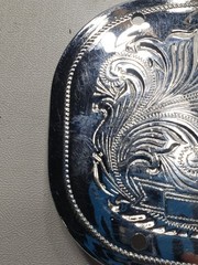 Vintage Western Engraved Belt Buckle Armadillo Overlay Silver Tone Cowboy