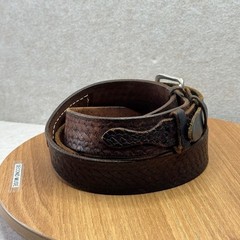 Distressed Leather Woven Embossed Belt Silver Buckle Brown Well Worn Size 50