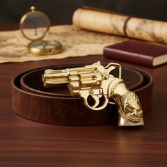 Men Belt Buckle Gold Metal Western Cowboy Pistol Revolver Gun Weapon Fire Skull
