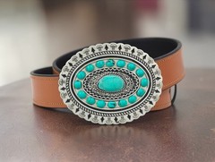 Western Belt Buckle With Handmade Leather Strap| Turquoise Buckle For Men
