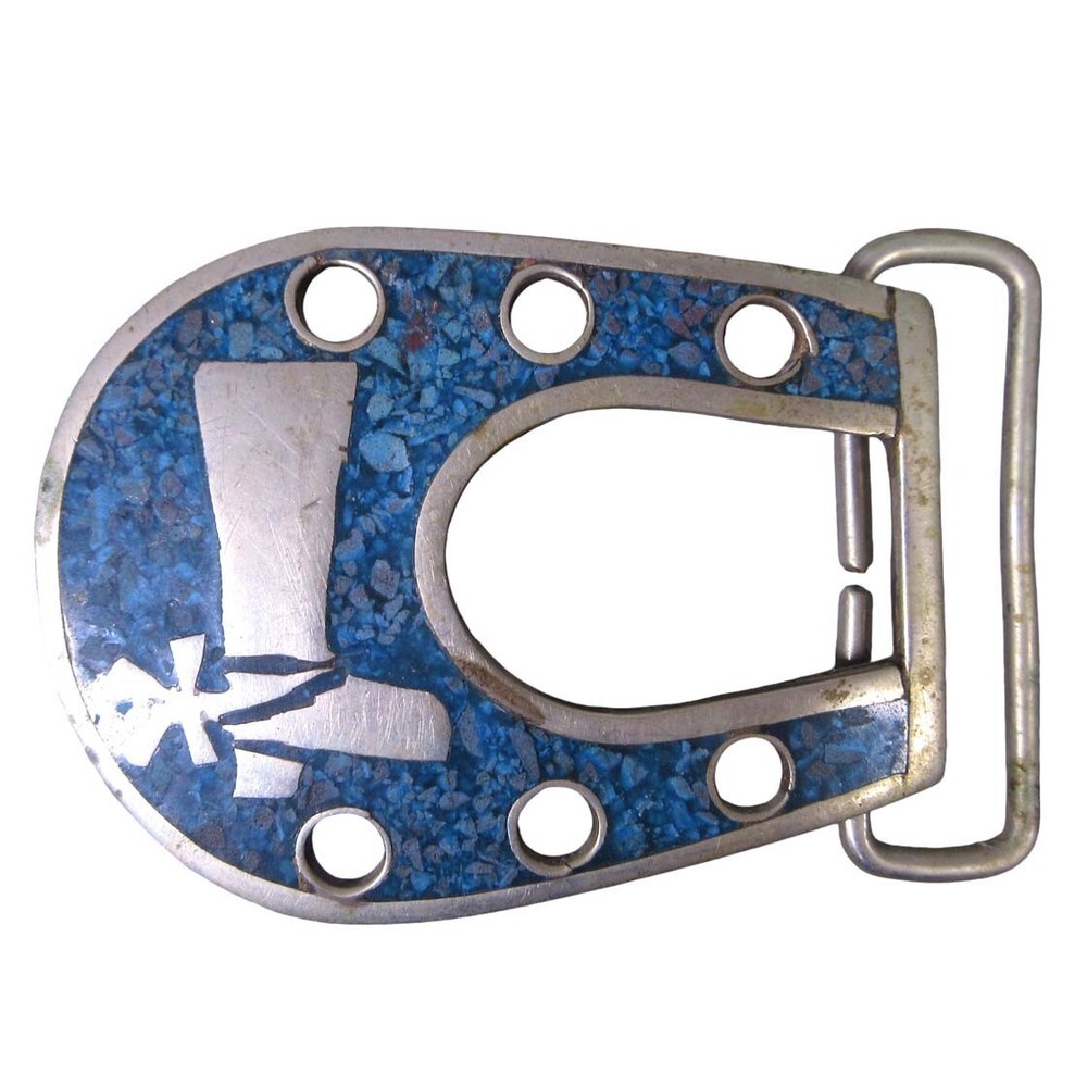 Vintage Alpaca Mexico Inlay Turquoise Silver Cowboy Boot Belt Buckle