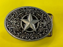 Centered Lone Star Fleur De Lis Design Swirl Silver & Balck Color Belt Buckle